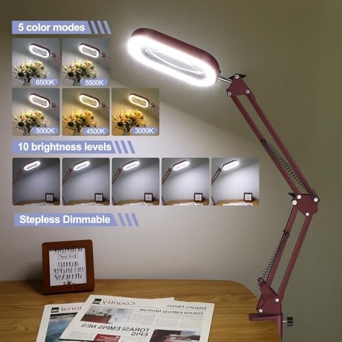 Drdefi 12X Square Magnifying Glass with Light and Stand, Real Glass LED Lighted Magnifier, 5 Color Modes Stepless Dimmable, Hands-Free Mag Desk Lamp with Clamp for Reading Craft Hobby Close Work Red - Image 4