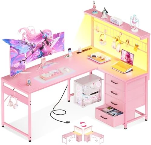 MOTPK 51" L Shaped Gaming Desk with Shelf & 4 Drawers, Carbon Fiber Pink by MOTPK