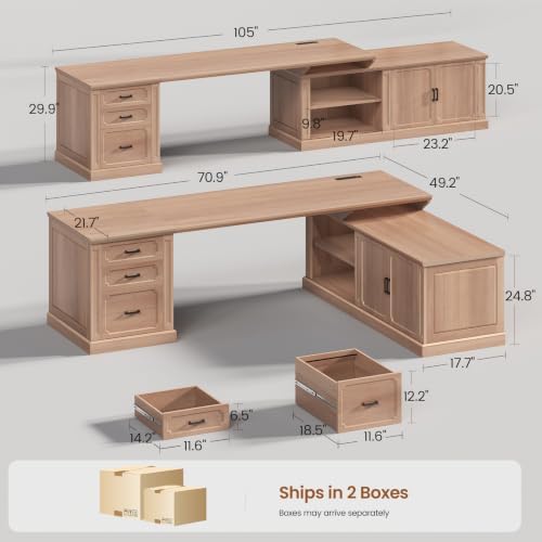 SEDETA Farmhouse L Shaped Desk with Drawers, 70.9" Home Office Desk with Storage Cabinet and Storage Shelves, L Shaped Computer Desk with Power Outlet，Oak - Image 2