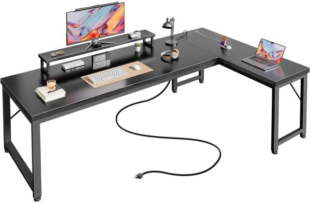 PRAISUN 53" L Shaped Computer Desk, Power Outlets, Monitor Stand, Black by PRAISUN
