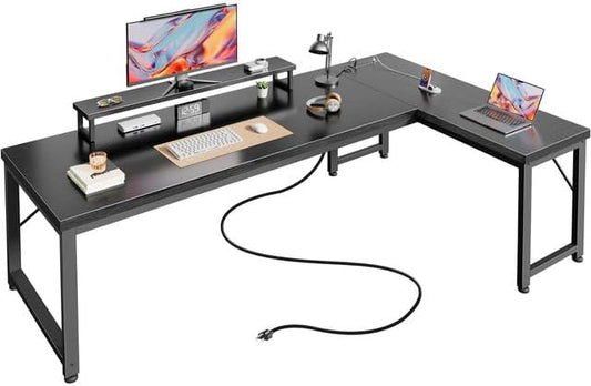 PRAISUN 53" L Shaped Computer Desk, Power Outlets, Monitor Stand, Black by PRAISUN