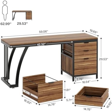 Tribesigns Computer Desk with 3 Drawers, 59-Inch PC Desk with Reversible Drawers, Industrial Study Writing Table Workstation with File Storage for Home Office, Walnut - Image 2