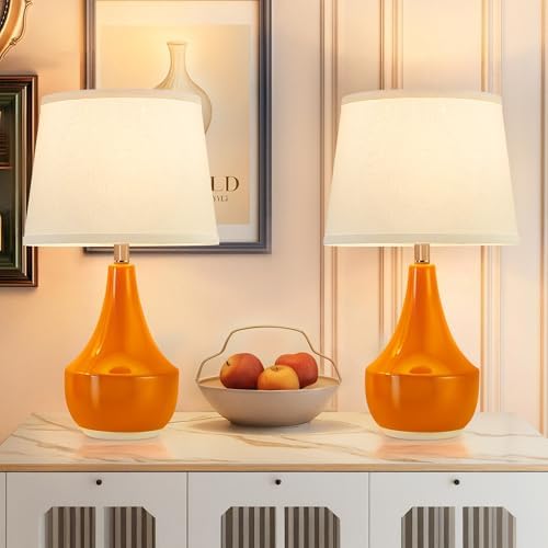 GyroVu 18" Table Lamp Set of 2, Ceramic Lamp Classic Beside Lamps Nightstand Lamp Modern Table Lamp for Living Room, Bedroom & Office Rocker Switch Orange-LED Bulbs Included by WelcomeGyroVu