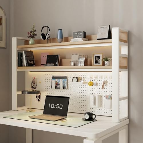 Desk Shelf Organizer for Top of Desk – Desktop Bookshelf with Pegboard & Storage Accessories, Adjustable Hutch for Dorm or Office, Steel Frame Display White frame + natural wood board 53.1*9.8*36.6in by Unknown