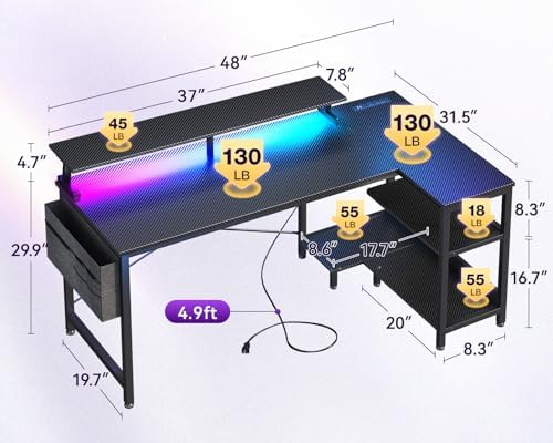 ODK 48 Inch L Shaped Gaming Desk with LED Lights, Power Outlets, Black - Image 3