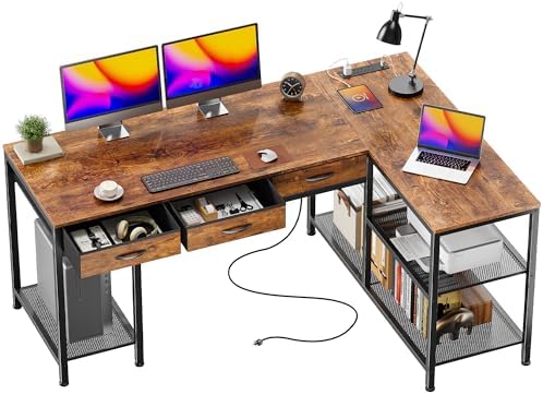 PRAISUN 55 Inch L Shaped Office Desk with Power Outlets and Type-C Port, Large Computer Gaming Desk with 3 Fabric Drawers, Mesh Shelves, Corner Study Work Writing Desk, Rustic Brown by PRAISUN