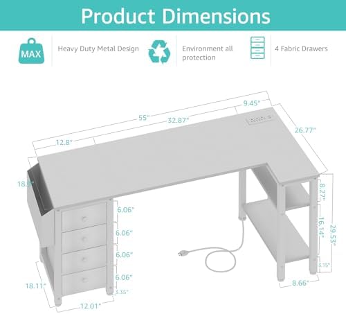 Lufeiya White L Shaped Desk with Drawers & Storage Shelves, 55 Inch Corner Computer Desk with Power Outlet for Home Office Bedroom, L-Shaped Teen PC Desks with Fabric Drawer, White - Image 3