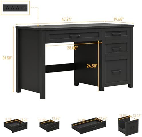 Farmhouse 47" Executive Desk, Computer Desk with File Drawer, Pure Black - Image 2