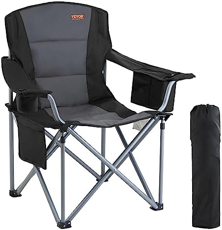 VEVOR Oversized Camping Folding Chair, Portable Heavy Duty Outdoor Quad Lumbar Back Padded with Side Pockets, Cup Holder and Cooler Bag for Beach, Lawn, Picnic, Fishing, Backpacking, Black by VEVOR