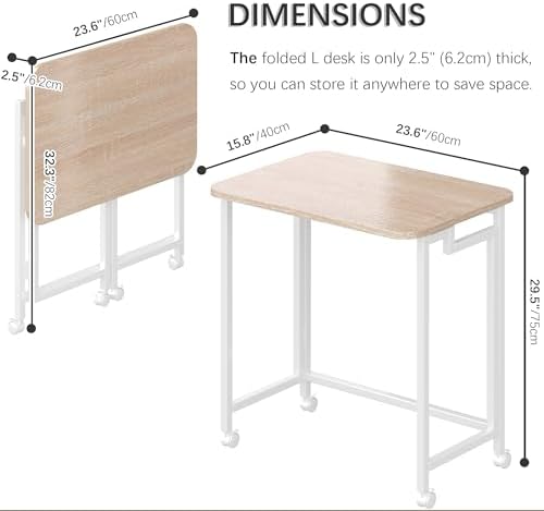 4NM 23.6" Mobile Small Rolling Computer Desk, Folding Laptop Cart Table with Wheels, Portable Office Desk for Small Space Couch Bed - Natural and White - Image 3