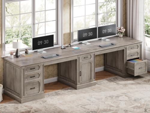 SEDETA Farmhouse 110.3" Two Person Desk with 7 Drawers, Long Computer Desk with Storage Cabinet, 2 Person Desk with Power Outlets for Home Office, Gray by SEDETA