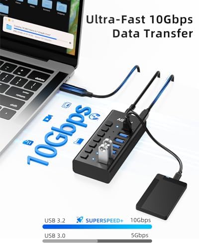 AGEEN 7-Port Powered USB 3.2 Hub, 10Gbps Data Transfer, 24W Power Adapter - Image 3