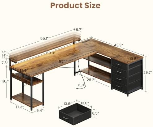AODK 69 Inch L Shaped Computer Desk with 4 Drawers, LED Lights, Vintage - Image 3