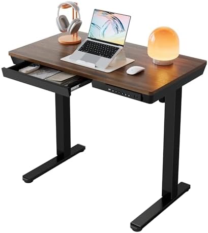 HUANUO Electric Standing Desk with Drawers, 35 X 20 Inch Electric Adjustable Height Desk, Quick Install One-Piece Tabletop with USB Charging Ports, Sit to Stand Up Desk for Home Office, Black Walnut by HUANUO