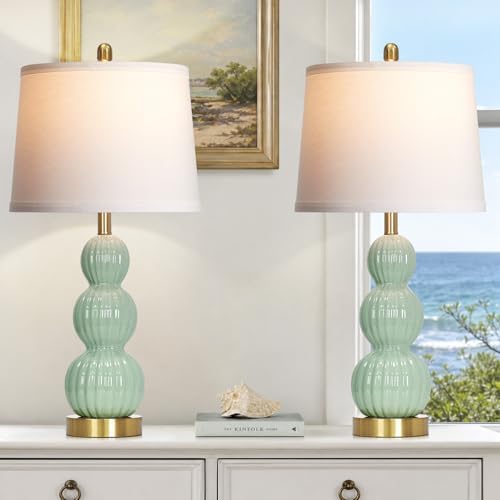 28" Sage Green Table Lamps Set of 2 for Living Room, Modern Ceramic Bedside Lamps for Bedroom, Ribbed Gourd Table Lamps for Nightstand (2 LED Bulbs Included) by Luxeflow