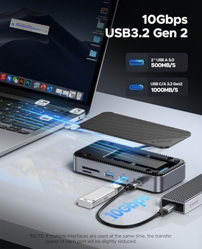 ORICO 9-in-1 USB C Hub with M.2 NVMe SSD Enclosure 10Gbps, Tool Free Hub Docking Station with Built-in Fan, Gigabit Ethernet, 100W PD, SD/TF, Type C & USB A for Laptop MacBook - Image 4