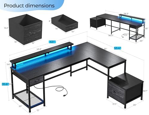 DurayLoly 63" Reversible L Shaped Desk with Power Outlets &Led,Bedroom - Image 3