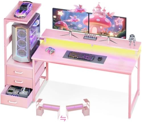 AODK Gaming Desk w/PC Showcase Stand, 59" Reversible, RGB LED by AODK