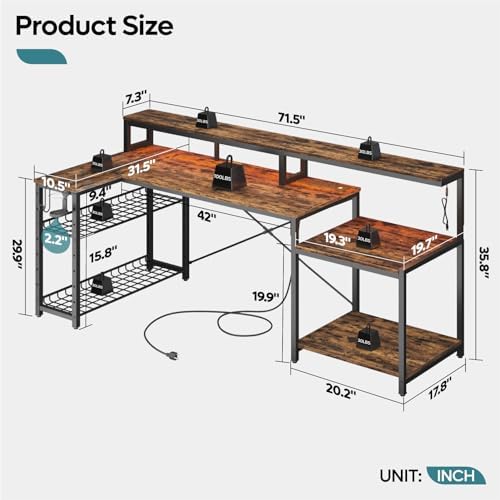 Bestier 71.5" L Computer Desk with Power Outlets, Rustic Brown - Image 2