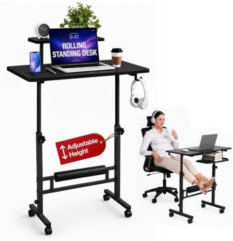 Small Rolling Desk with Wheels, Adjustable Height 27"-43.3" Portable Standing Desk, 31.5"x15.7" Tabletop, Mobile Laptop Computer Table for Home Office Workstation, Black by Unknown