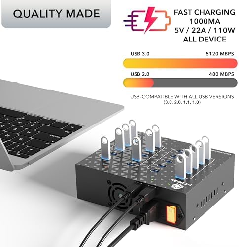 20 - Port USB 3.0 Splitter Hub with Power Supply - High Speed Data Transfer for Desktop, Laptop, HDD, PC - Expand and Speed Up to 5 Gbps 110W - Industrial Grade Hub Compatible with External Drives - Image 3