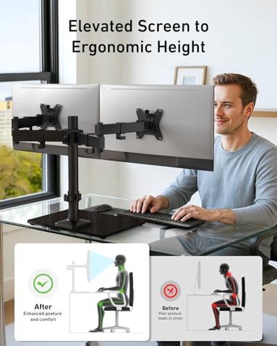 HUANUO Freestanding Dual Monitor Stand, 32 Inch Dual Monitor Mount for 2 Screens, Holds up to 19.8 lbs per Arm, Gaming Monitor Arm Riser with Tempered-Glass Base, Tilt, Swivel, Rotation, Black - Image 3