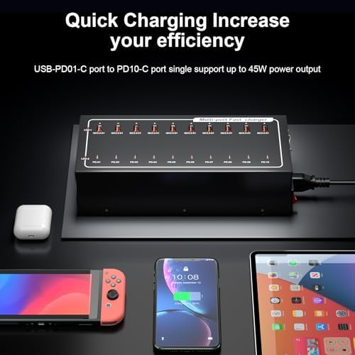 20-Port Fast Charging Station 400W, USB C and USB A Charger Dock with Smart Power Distribution Technology，for Multiple Devices, PD/QC Fast Charging Support - Image 6