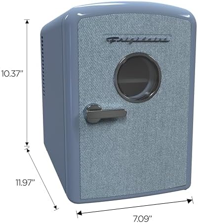 Frigidaire Mini Personal Fridge Cooler, 1 Gal Capacity fits 9 Cans, Includes Plugs for Home Outlet & DC Charger - 9.84" D x 7.09" W x 10.35" H, Light Washed Denim Fabric Door - Image 7