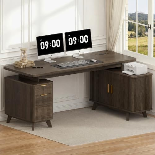 63" Farmhouse L Shaped Executive Desk, Brown by Homiflex