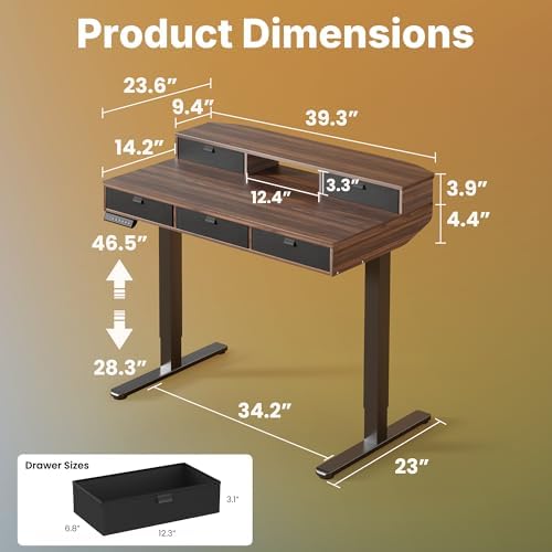 HUANUO 40 x 24 Inch Electric Standing Desk with 4 Drawers, Walnut - Image 2