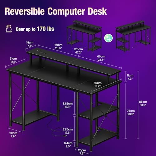 DUMOS 47” Gaming Desk with USB Charging Ports & LED Lights, Black - Image 3