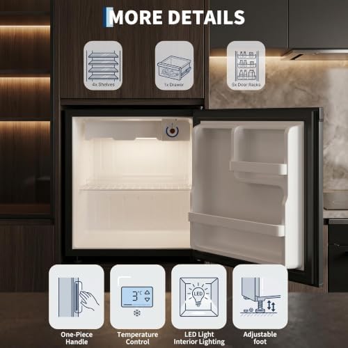 1.6 Cu. ft. Mini Refrigerator, Single-Door Compact Fridge with Freezer, with LED, Adjustable Shelves, for Dorm, Office, Bedroom, Kitchen, Bar - Image 3