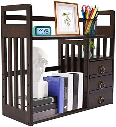Desktop Bookshelf with 3 Drawers, Bamboo Desk Shelf, 19.7" Desktop Organizer Shelf, 3 Tier Desktop Display Rack, Desktop Bookshelf Storage Rack for Home Office Dorm (Nut-Brown) by banborba