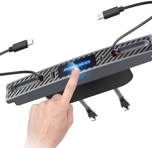 2 USB-C Touch Hub for Tesla (Carbon Fiber), Retractable 27W Fast Charger for iPhone 15 is Necessary Model3/Y 2024/2023/2022/2021 Accessories but Not for M3 Highland, Gifts for Tesla Owners by Mowlicas