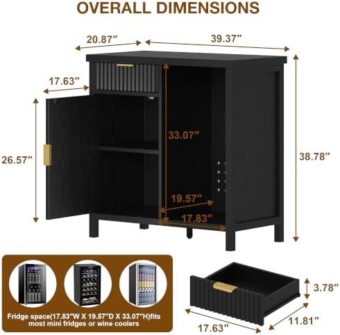 Mini Fridge Cabinet, 39.3" Fluted Coffee Bar with Mini Fridge Space, Black - Image 2