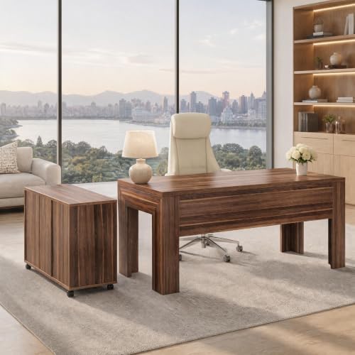 Tribesigns L Shaped Executive Office Desk with Drawers, Light Walnut - Image 5