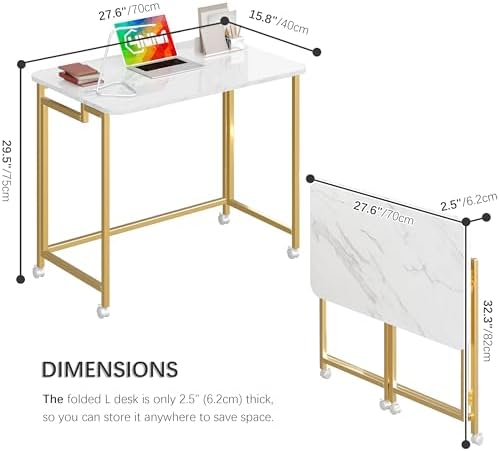 4NM 27.5" Mobile Small Rolling Computer Desk, Folding Laptop Cart Table with Wheels, Portable Office Desk for Small Space Couch Bed - White and Golden - Image 3
