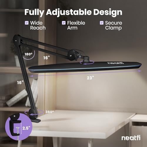 Neatfi XL 2,200 Lumens 24W LED Desk Lamp – 23” Wide Shade | Dimmable Eye-Caring Task Light | Adjustable Arm | Home Office, Study, Crafts & Nail Tech (Black, Non-CCT with Clamp) - Image 6