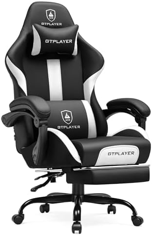 GTPLAYER Gaming Chair with Pocket Spring Cushion, Leather Office Chair with Ergonomic High Back & Lumbar Support for Back Pain Relief, Computer Game Chair for Adults, White/Black by GTPLAYER