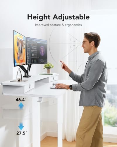 HUANUO 55″ x 26″ Electric Standing Desk with 2 Drawers, C-Clamp Mount Compatible, Height Adjustable Computer Desk, Home Office Stand Up Desk with 4 Preset Heights & 2 Hooks, White - Image 6