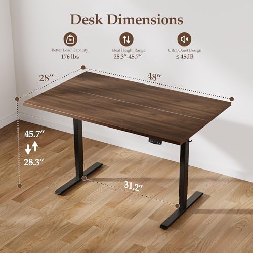 Klicelor 48 x 28 Electric Standing Desk, Sit Stand Up Home Office Desk, Height Adjustable Deep Cumputer Table with Memory Presets and Hooks, Two Pieces, Dark Walnut - Image 3