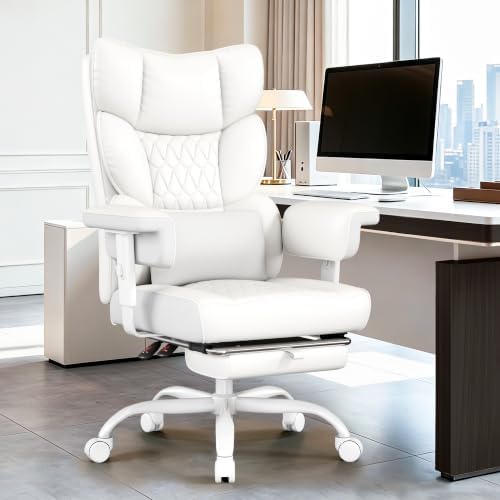 Misolant Big and Tall Office Chair with Footrest, High Back Executive Desk Chair with Adjustable Lift Armrest, 155°Recline，Lumbar Support Pillow, Faux Leather Gaming Chairs for Home All White by Misolant