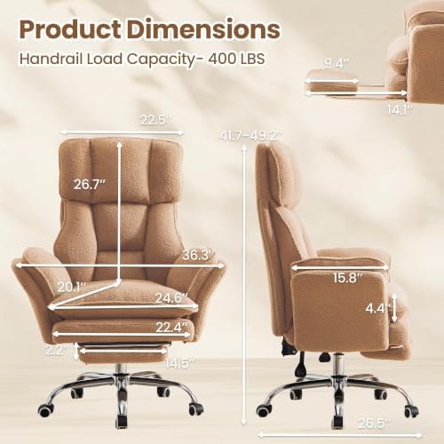 Big and Tall Office Chair with Flip Arms and Footrest, Teddy Criss Cross Legged Home Office Desk Chair with Pet Seat, Comfy Reclining Computer Gaming Chair, Khaki - Image 5