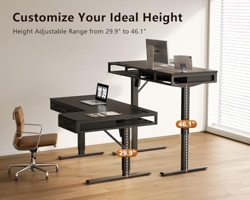 OffiGo 55 Inch L Shaped Standing Desk with 4 Wooden Drawers, Black - Image 5