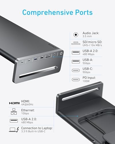 Anker USB-C Hub, 10-in-1 Aluminum Monitor Stand with 85W Max Charging - Image 3