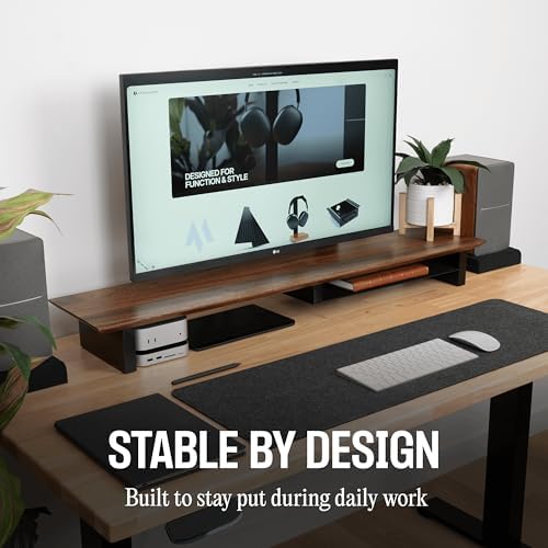 COREMINDED Solid Wood Dual Monitor Stand Riser, 42 Inch Walnut Desk Shelf - Image 2