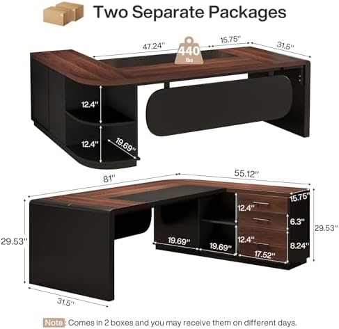 Tribesigns 81'' L-Shaped Executive Desk, Large Modern Office Desk with Drawers and File Cabinet for Home or Business Workspace, Computer Desk with Storage Shelves, Walnut & Black - Image 2