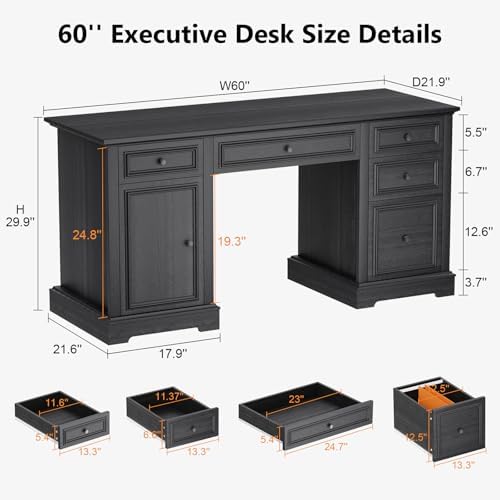 Vipbear 60" Farmhouse Executive Desk with Drawers and Cabinet, Embossed Texture Wood Home Office Desk, Rustic Computer Writing Desk, Workspace for Work Study Writing, Black - Image 2