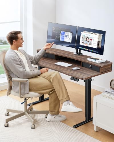 HUANUO 48″ x 24″ Electric Standing Desk with 2 Drawers, C-Clamp Mount Compatible, Height Adjustable Computer Desk, Home Office Stand Up Desk with 4 Preset Heights & 2 Hooks, Walnut - Image 2