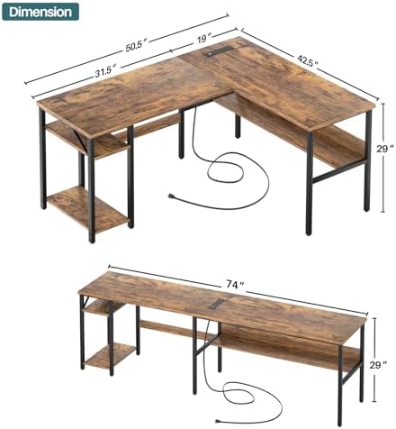 Unikito L Shaped Computer Desk with Magic Power Outlets and USB Charging Port, Sturdy Reversible Corner Desk with Storage Shelves, Modern Work Desk for Home Office, Easy to Assemble, Rustic Brown - Image 3